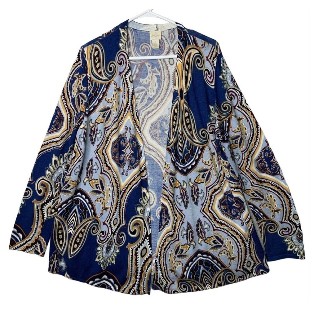 Chicos Baroque Paisley Open Front A-line Swing Cardigan Sweater Womens Size M